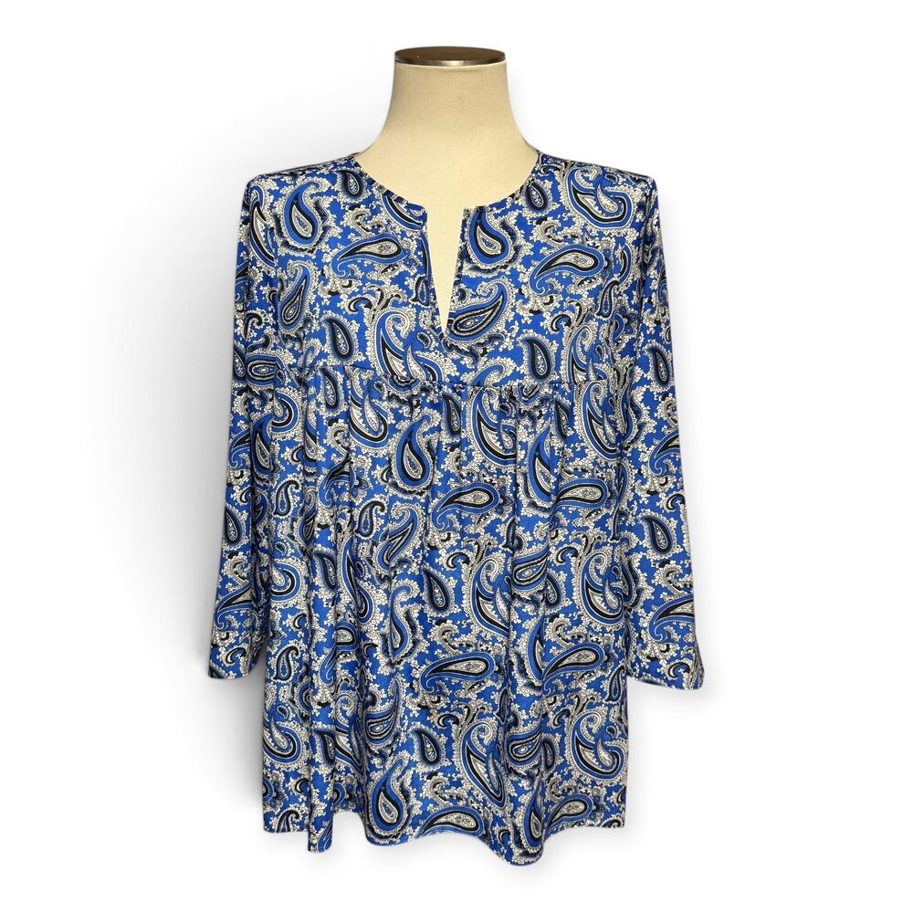Michael Michael Kors 3/4 Sleeve Tunic Blouse Top Blue Black Gray Paisley XL